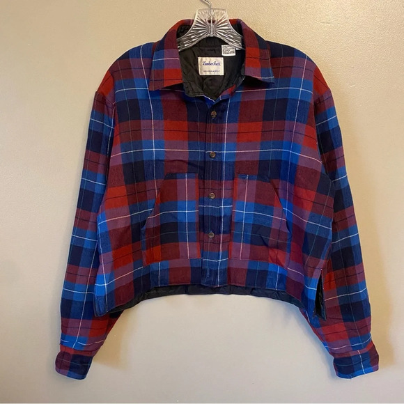 LUMBER JACK flannel top Size button up crop quilted lining red blue plaid - Picture 1 of 12
